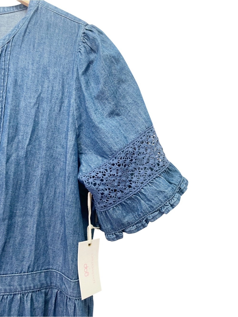 NWT Gap x LoveShackFancy Denim Tiered Midi Dress L Dark Wash Lace Button Front - Picture 8 of 16